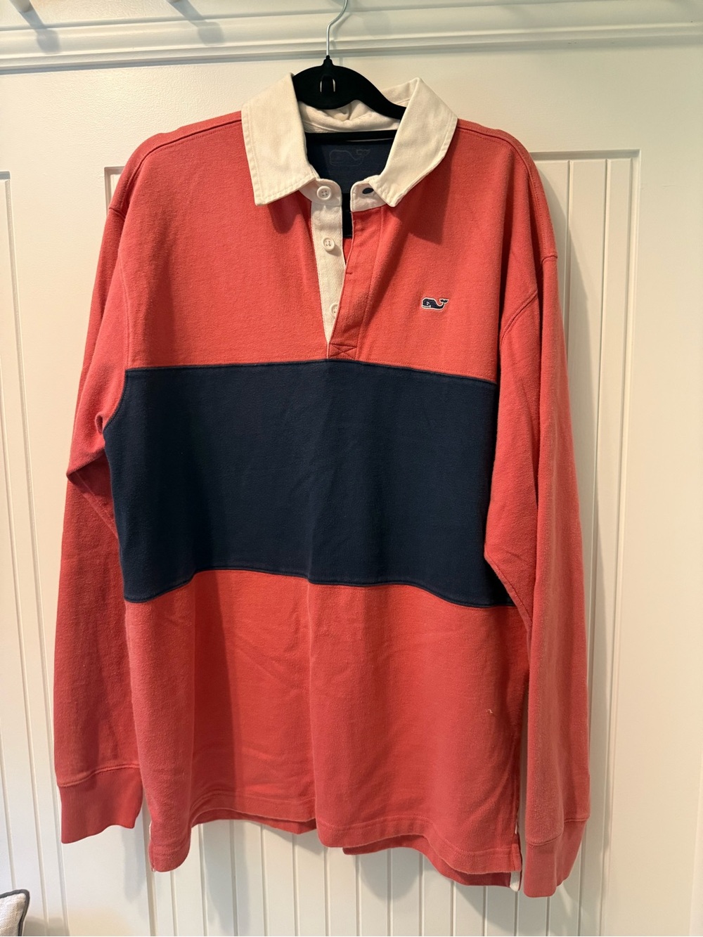 Vineyard Vines Men’s Coral Rugby Polo with Navy Center Stripe